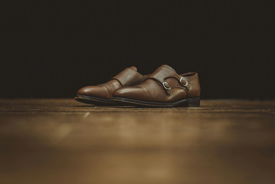 Brown leather double monk strap shoes