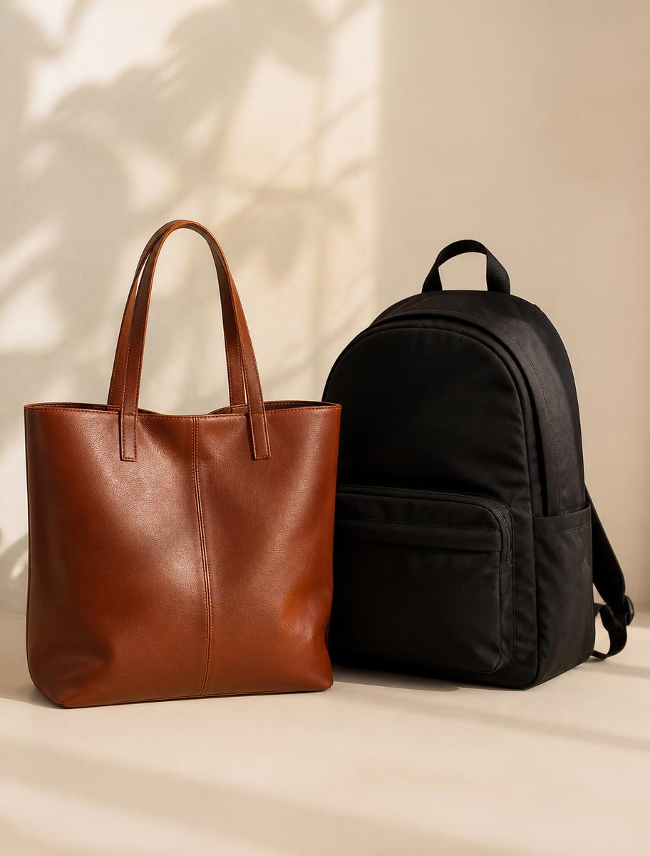 Cognac leather tote next to a black nylon backpack