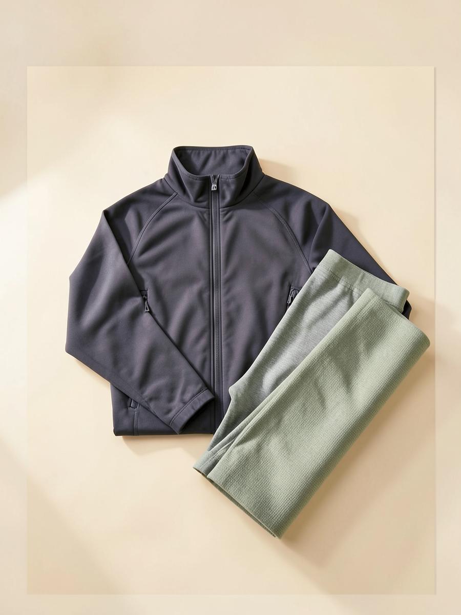 Technical training jacket folded beside sage leggings