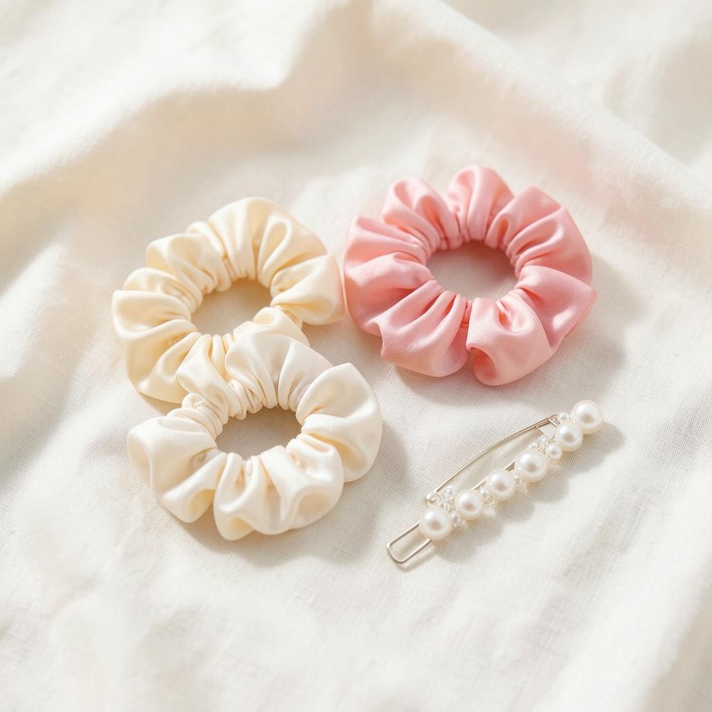 Silk scrunchies and a pearl hair clip on linen