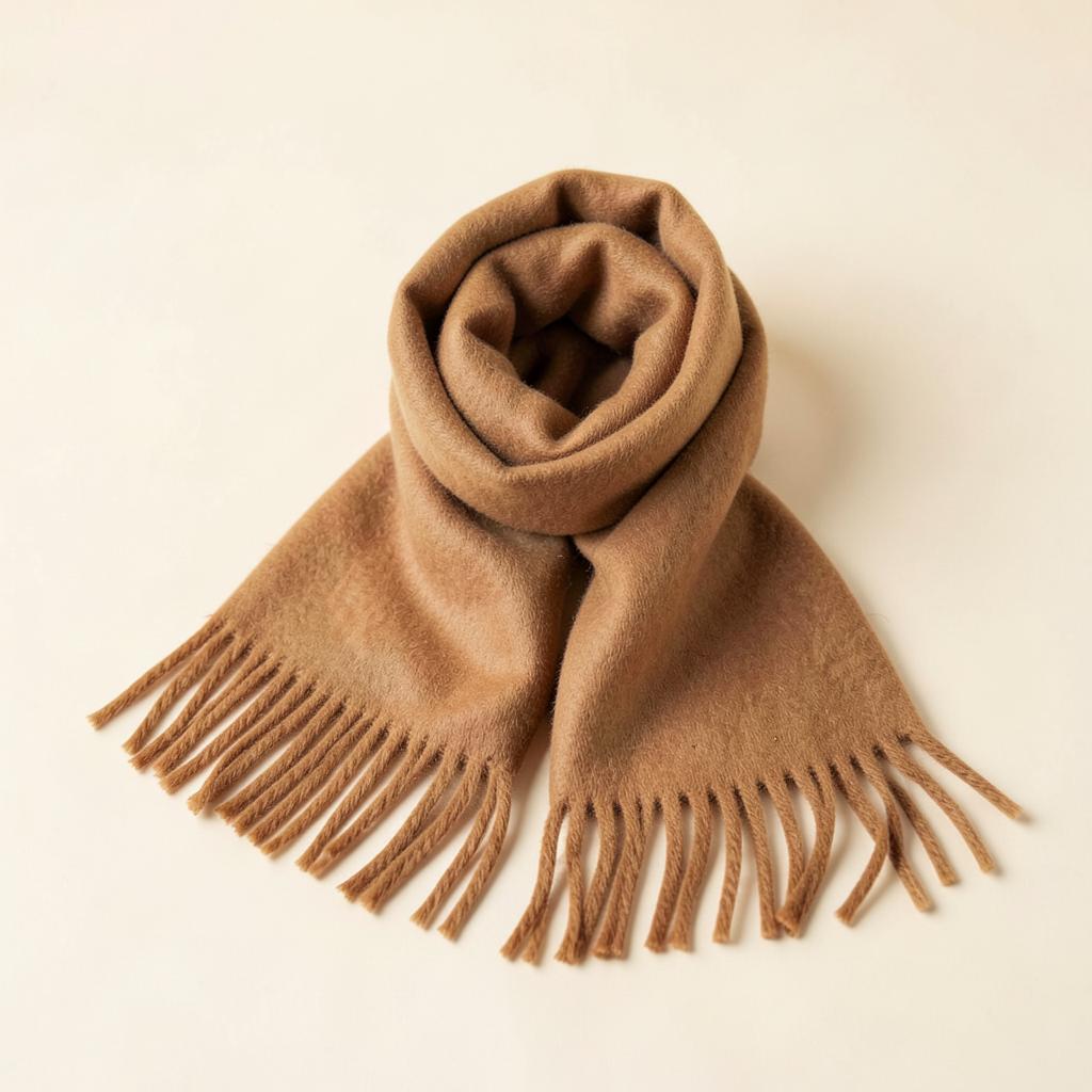 Camel wool scarf with fringe, loosely rolled
