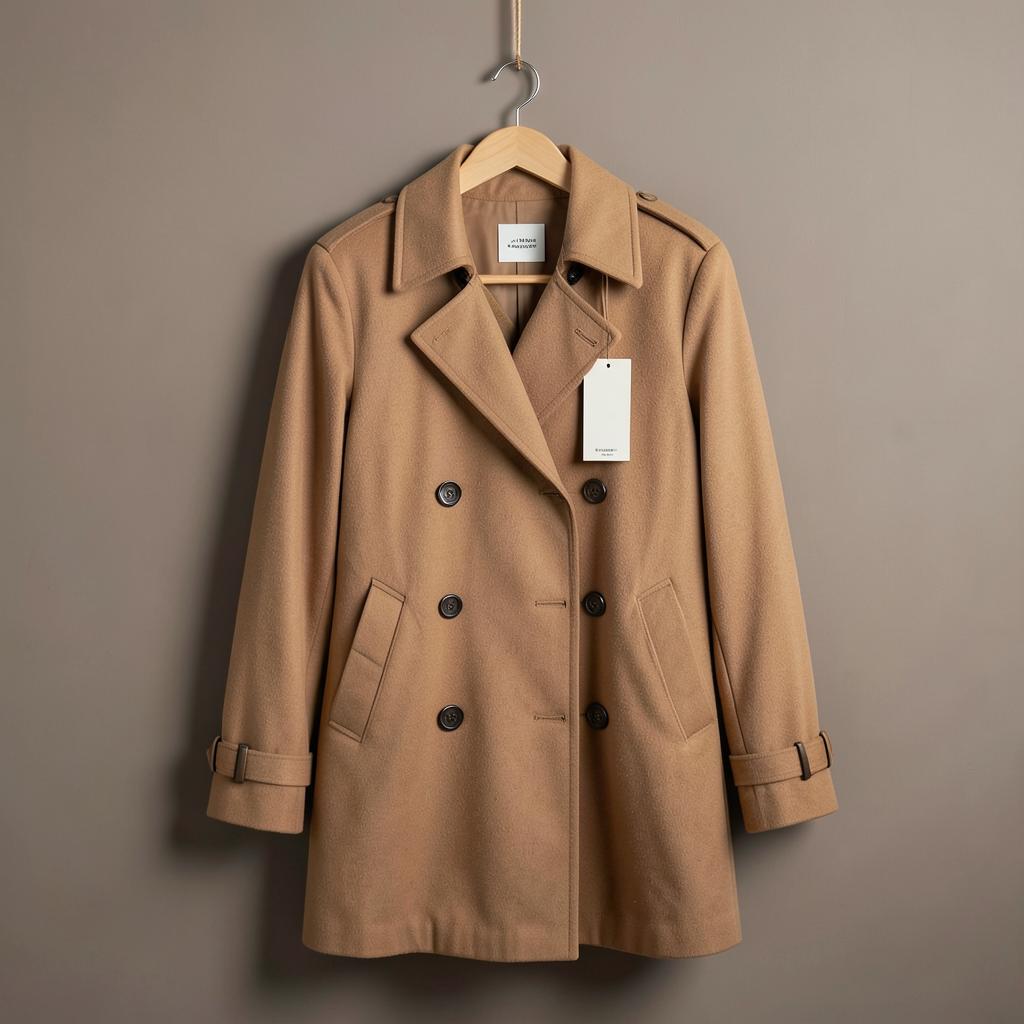 Camel wool double-breasted trench coat on a hanger