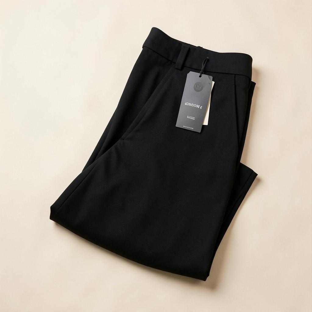 Black tailored wide-leg trousers folded neatly with tag