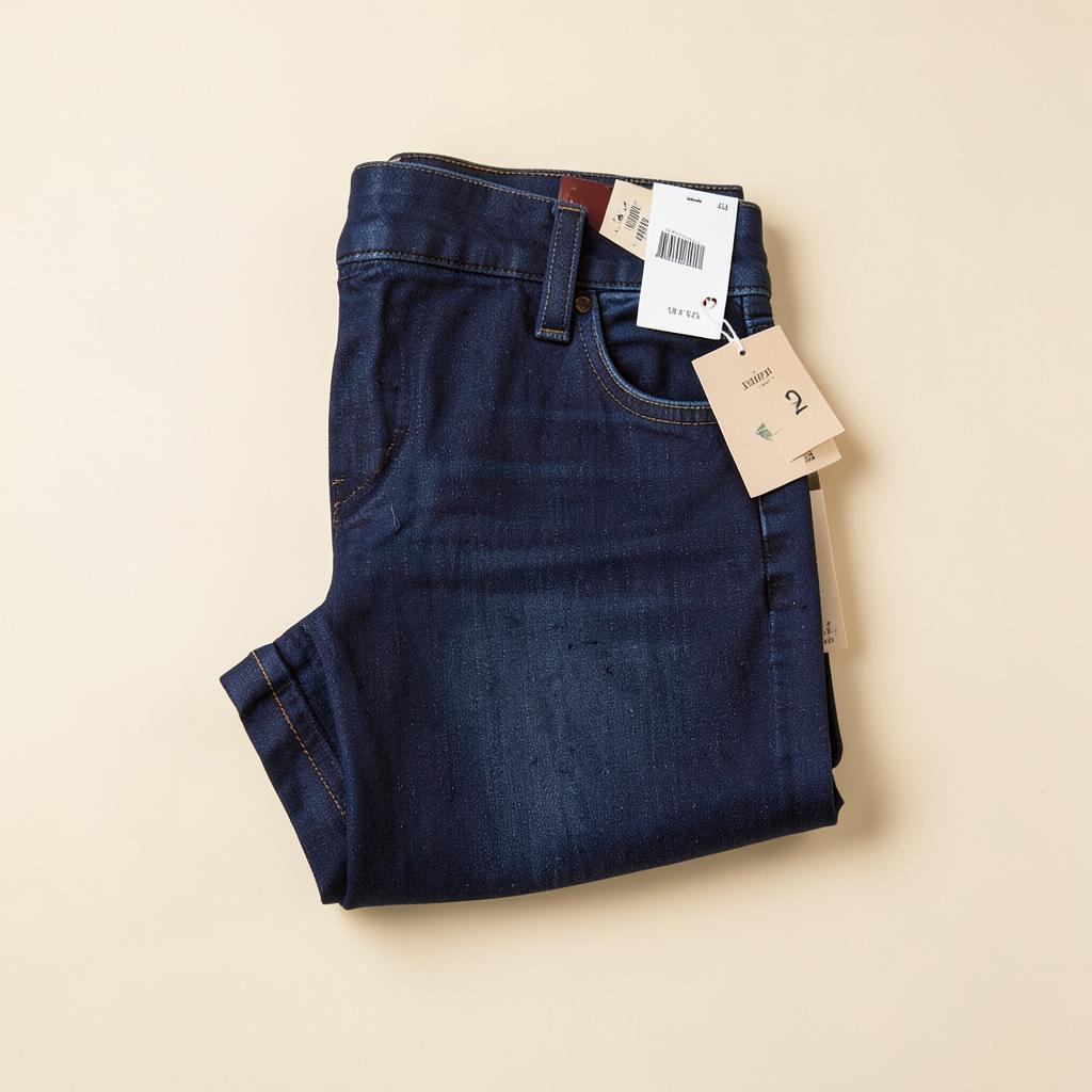 Folded dark indigo straight-leg jeans with tags attached
