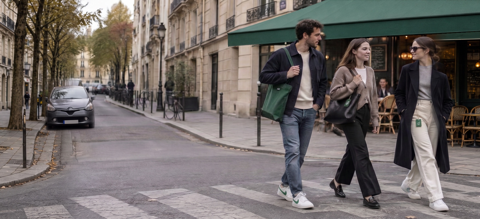 Friends walking along a Paris street, the man wearing white Nike sneakers with green swooshes, with discreet Riibuy leaf tags on a green tote, black shoulder bag and the right-hand woman's white jeans.